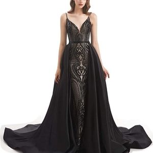 V-neck Satin Mermaid Prom Evening Wedding Gown with Detachable Skirt